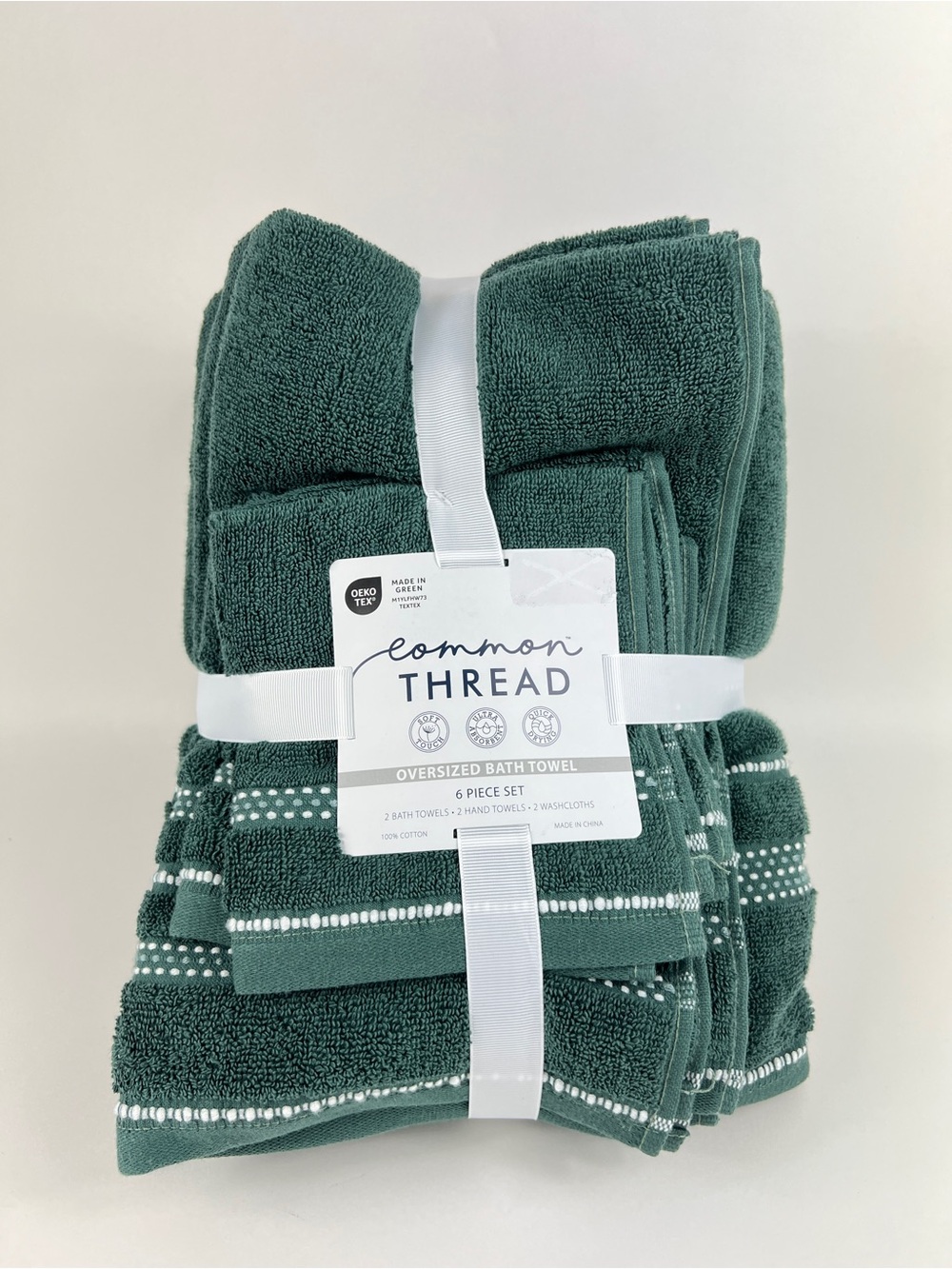Common Thread Bath Towel Set Green White Quick Dry Low Twist Cotton 6 Pc NEW